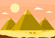 Egypt ancient pyramids of Giza are egyptian pharaoh tomb on dry sand desert with camel and sun orange sky vector.