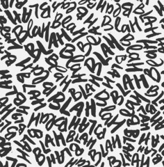 Blah Blah Handwritten Words Vector Black and White Seamless Pattern. Communication Lettering Hand Drawn with a Brush.