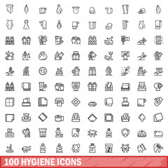 Sticker - 100 hygiene icons set, outline style