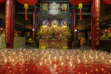 Bangkok, Thailand - January 2022: Offerings At The Buddhist Temple Wat Mangkon Kamalawat On January 7, 2022 In Bangkok, Thailand.