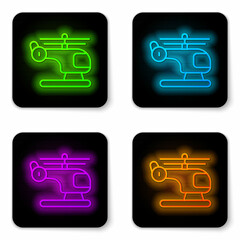 Sticker - Glowing neon line Helicopter aircraft vehicle icon isolated on white background. Black square button. Vector