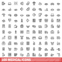 Wall Mural - 100 medical icons set, outline style