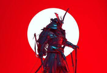 Silver Japanese Samurai Cyber Punk Warrior Polygon Form with Large White Sphere Sun with Red Background Futuristic Silhouette 3d illustration 3d render