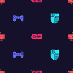 Wall Mural - Set Shield for game, Gamepad, Video graphic card and Live streaming online on seamless pattern. Vector