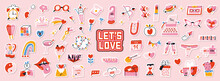 Set Of Cute Vector Love Stickers For Daily Planner And Diary. Collection Of Scrapbooking Design Elements For Valentines Day: Heart, Holiday Gift, Ice Cream. Romantic Doodle Vector Icons Pack.