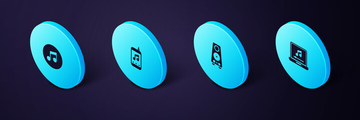 Sticker - Set Isometric Laptop with music note, Stereo speaker, Music player and tone icon. Vector