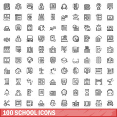 Poster - 100 school icons set, outline style