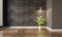 Interior Of An Empty Room In Modern Style It Has A Gray Brick Block Wall With Floor Lamps And Tree Pot.3d Rendering