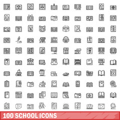 Poster - 100 school icons set, outline style