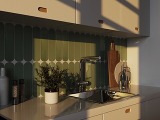 modern design of a bright kitchen with a green backsplash of easy tiles, macro