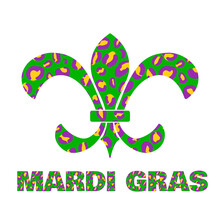 Mardi Gras Leopard Lettering And Fleur De Lis. Fat Tuesday Traditional Carnival In New Orleans. Vector Template For Banner, Flyer, Party Invitation, Etc