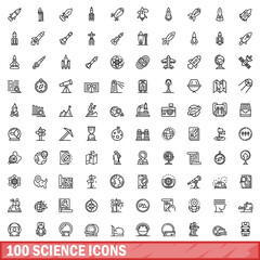Sticker - 100 science icons set, outline style