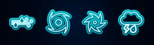 Set Line Wind And Rain, Tornado, And Cloud With Lightning. Glowing Neon Icon. Vector