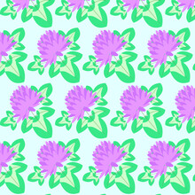 Vector Pattern Of Green Clover Leaves And Pink Flowers,on A Blue Background.