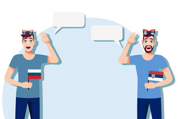 Wall Mural - Men with Russian and Serbian flags. Background for text. Communication between native speakers of Russia and Serbia. Vector illustration.
