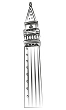 Hand-drawn Rough Black And White Sketch Of St. Marks Campanile In Venice, Italy. Vector Line Illustration Of The Italian Landmark
