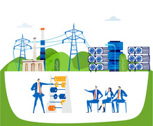 Business People Calculating The Cost Of Energy And Developing Program. High-voltage Power Line And Electricity Power Station In An Industrial Area. Energy Supply, Energy Crisis. 