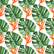 Seamless Pattern With Monstera Leaves And Heliconia Flowers. Natural Realistic Background.
