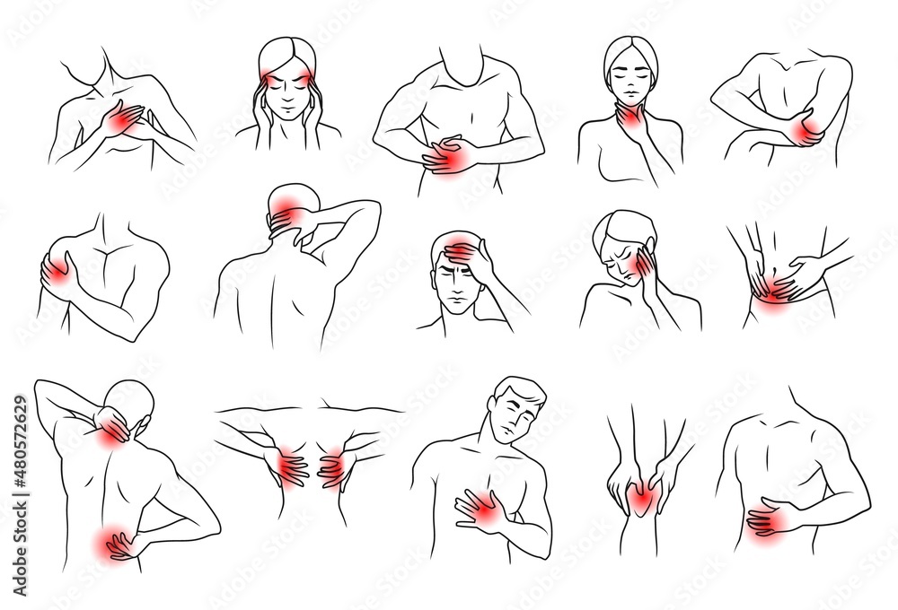 Body pain icon. Human muscle neck back joint and elbow chronic ache ...