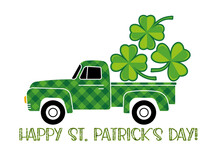 Buffalo Plaid Green Truck And Clover Leaves. Happy St Patricks Day Template With Shamrock