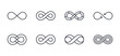 © Irene - Vector infinity icons. Editable stroke. The symbol of the unlimited in mathematics, space. Set of different lines of shapes. Black geometric elements on a white background. Stock thin illustration