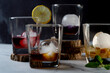 multiple whiskey glasses filled with different colored infused mulled wine gin rum vodka drinks with ice balls and wedges of lime, mint showing the hobby of gin infusion at home as a celebration drink