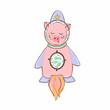 Pig astronaut cartoon character hand drawn illustration. Funny pig in a rocket. Spaceship. Isolated objects on a white background. 