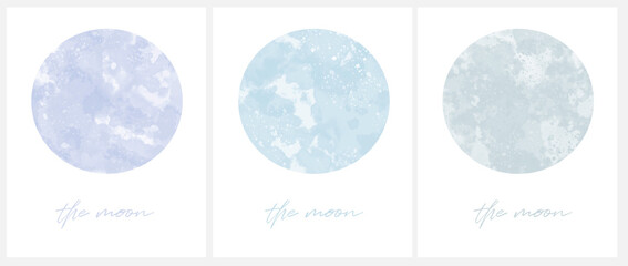 Wall Mural - 3 Varius Blue Color Moons. Simple Vector Illustration with Watercolor Style Full Moon Isolated on a White Background. Cute Pastel Color Galaxy Print Ideal for Kids Room Decoration, Wall Art.