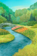 Summer forest landscape with a river and a bridge and flowers. Digital illustration