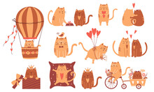 Collection Of Cute Cats In Love. Riding A Bike, Hugging, Holding A Heart, Sharing Food, Flying In A Hot Air Balloon, Sitting In A Box. Happy Characters.Vector Childish Illustrations Isolated On White.