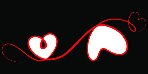 Two white hearts in a red string on a black background