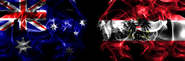 Flags of Australia, Australian vs Austria, flag, state. Smoke flag placed side by side on black background