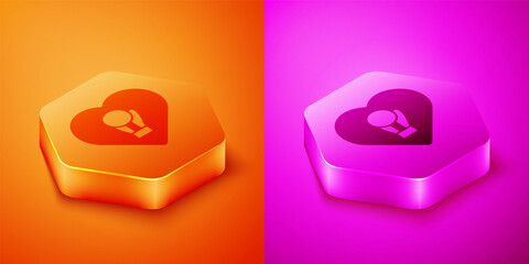 Isometric Boxing glove icon isolated on orange and pink background. Hexagon button. Vector