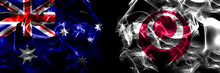 Flags Of Australia, Australian Vs Japan, Japanese, Okinawa Prefecture. Smoke Flag Placed Side By Side On Black Background