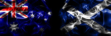 Flags Of Australia, Australian Vs Scotland, Scottish, Scots. Smoke Flag Placed Side By Side On Black Background