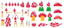 Set Of Matches And Fire Flames. Burning Match On Fire Of Love. Red Fiery Flames Up Forest And House. Hot Flaming And Tongues Of Fire Elements. Prevention Of Wildfire, Fire Protection. Sketch Vector.