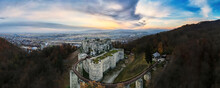 Aerial Drone Panoramic View Of The Neamt Citadel In Targu Neamt, Romania