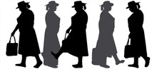 A Woman In A Summer Hat, Dress, Blouse, And Skirt, With A Handbag In Her Hand. Women Walk In Two Lines, Towards Each Other. Side View. Five Black Female Silhouettes Isolated On White Background.