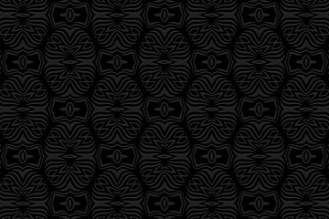  Embossed black background, vintage cover design, unique art deco style. Geometric monochrome 3D pattern, hand drawn style. Ethnic creativity of the peoples of the East, Asia, India, Mexico, Aztec.
