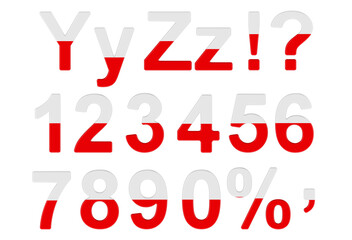 Letters, numbers and punctuation marks with Polish flag. Y, Z, 1, 2, 3, 4, 5, 6, 7, 8, 9, 0. 3D rendering