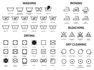 Clothes care laundry washing, bleaching and drying icons. Laundry, washing, dry cleaning and ironing vector symbols set. Textile laundry recommendations signs