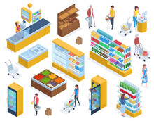 Isometric People Do Grocery Shopping, Supermarket Purchases. Customers Buying Food In Grocery Market Vector Illustration Set. Grocery Store Or Supermarket Shopping