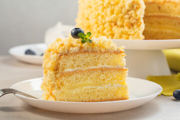 Canvas Print - A piece of Italian sponge cake - Mimosa cake,  decorated with blueberries and mint. Close-up.