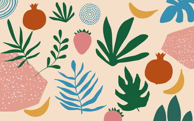 botanical poster vector illustration. foliage drawing with abstract shapes and fruit. minimal and na