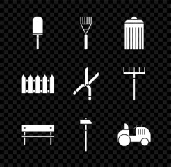 Sticker - Set Garden trowel spade or shovel, rake, Trash can, Bench, Hammer, Tractor, fence wooden and Gardening handmade scissors icon. Vector