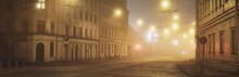 An Empty Illuminated Asphalt Road Through The Old Historical Buildings And Houses In A Fog At Night. Street Lights (lanterns) Close-up. Riga, Latvia. Dark Cityscape
