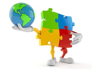 Wall Mural - Jigsaw puzzle character holding world globe