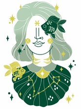 Abstract Illustration Of A Female Pisces Girl With Fish Friends And Zodiac Star Constellation