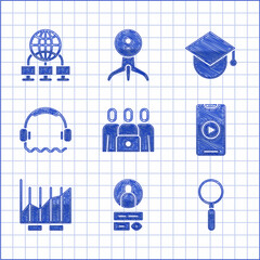 Wall Mural - Set Online class, Create account screen, Magnifying glass, play video, Pie chart infographic, Headphones, Graduation cap globe and Computer network icon. Vector