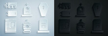 Set Funeral Urn, Coffin With Cross, Obituaries, Grave Tombstone, And Crematorium Icon. Vector
